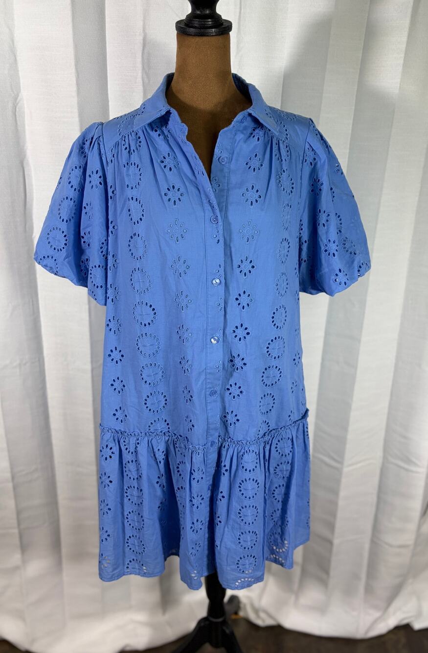 Donna Morgan Blue Eyelet Button Front Puff Sleeve Dress Size 6